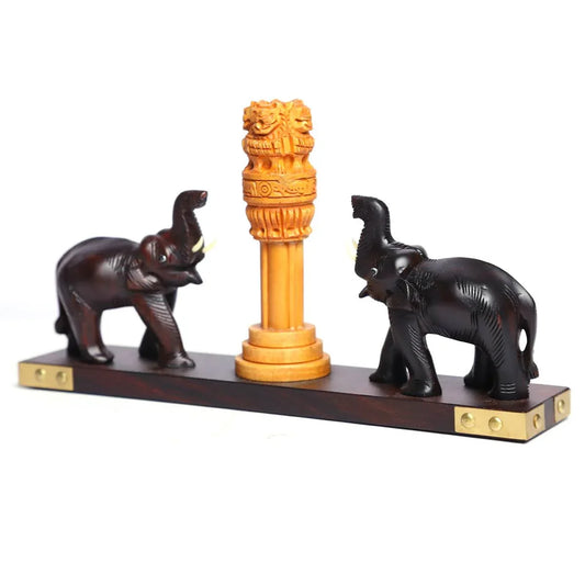 Handcraved Rose Wood Elephant with Ashoka Pillar Showpiece-ArtyCraftz.com
