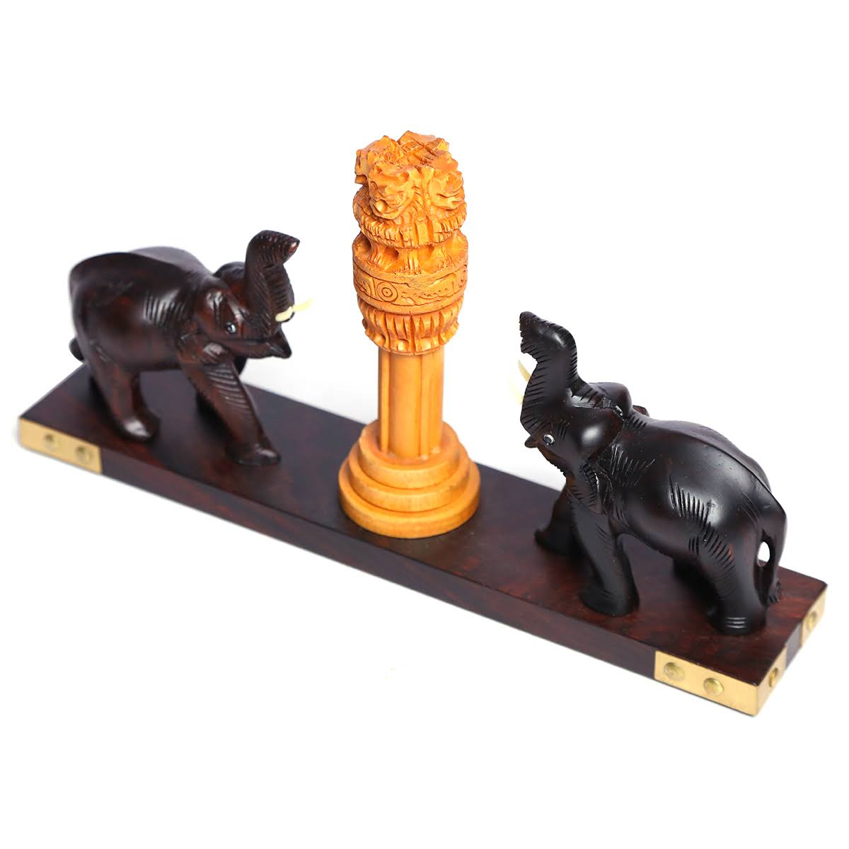 Handcraved Rose Wood Elephant with Ashoka Pillar Showpiece-ArtyCraftz.com