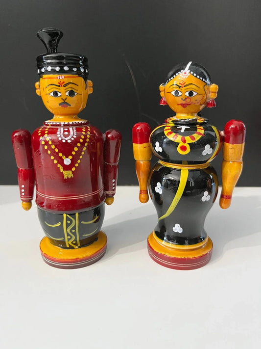 Handicrafts Traditional Wooden Indian Marriage Couple Set Etikopaka Toys Multicolour 4 Inches-ArtyCraftz.com