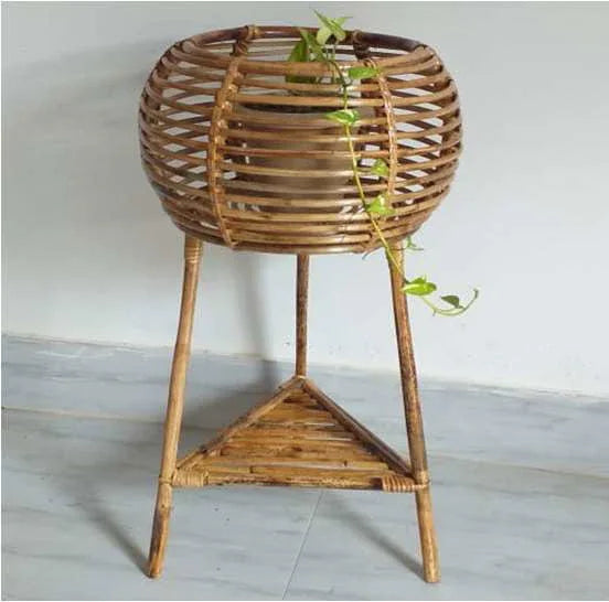 Handmade 12 Inches Round Cane Planter with Stand - ArtyCraftz.com