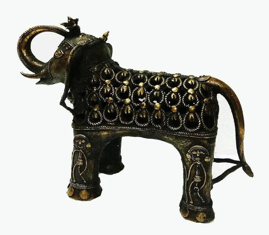 Handmade Brass Jali Elephant With Trunk up Dhokra Showpiece Side View-ArtyCraftz.com