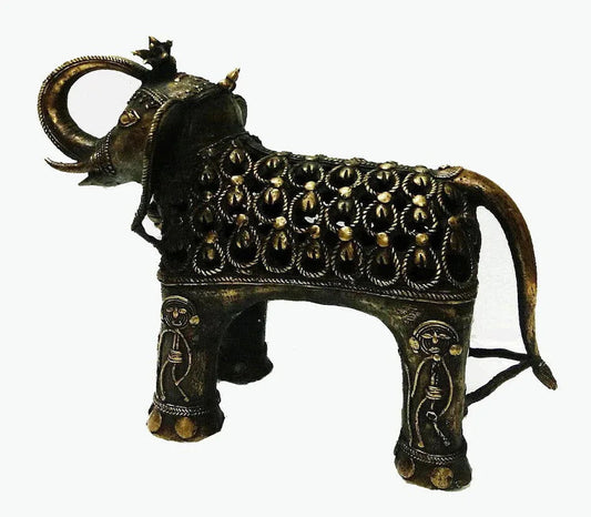 Handmade Brass Jali Elephant With Trunk up Dhokra Showpiece Side View-ArtyCraftz.com