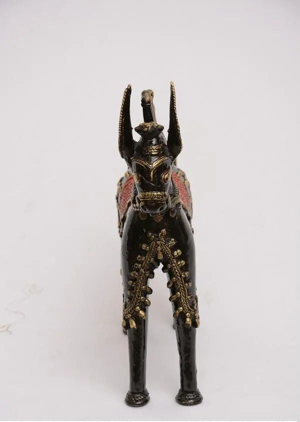 Handmade Brass Large Handcrafted Dhokra Horse Statue With Bells Back View-ArtyCraftz.com