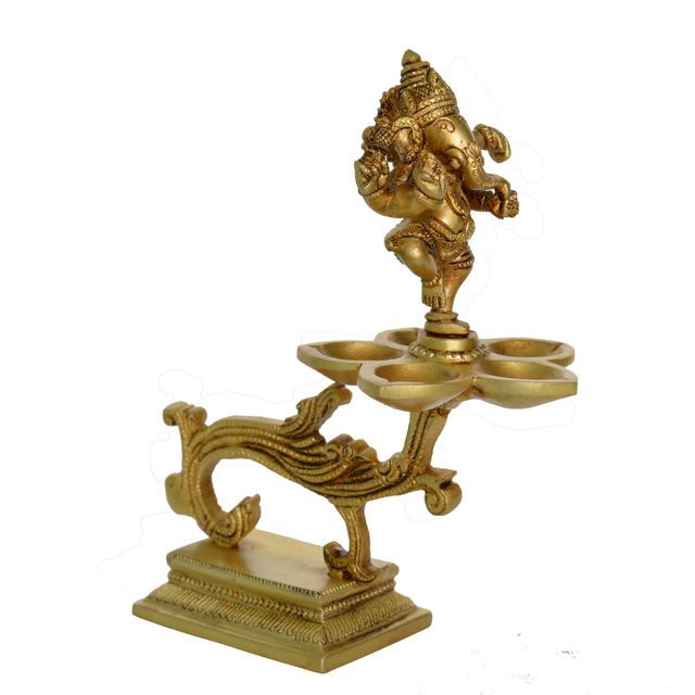 Handmade Brass Table Decor Ganesha Oil Lamp Deepak 5 Wicks - ArtyCraftz.com