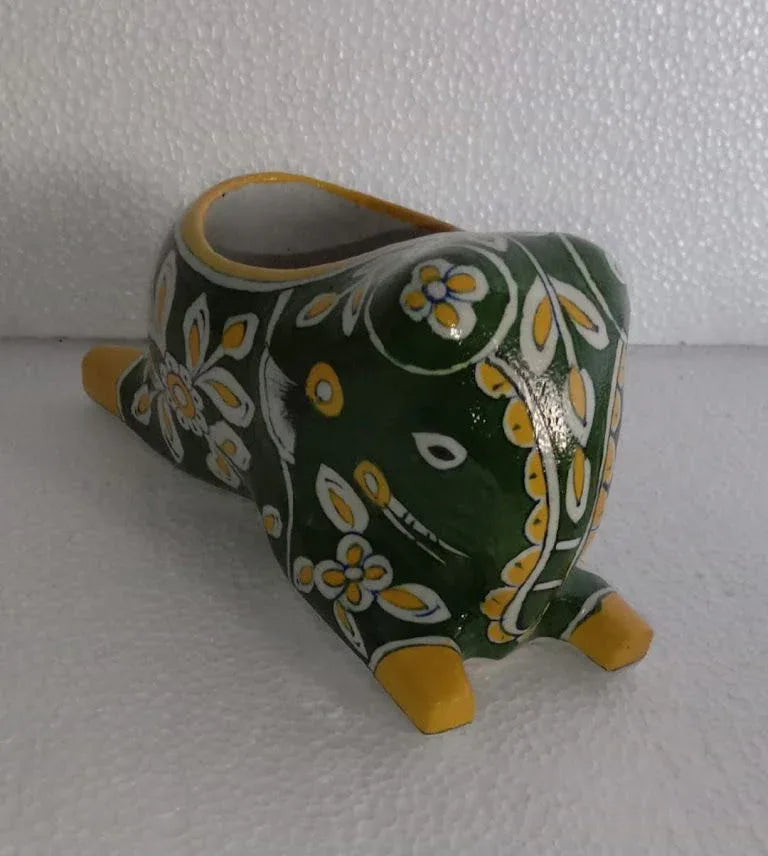 Handmade Ceramic Elephant Tissue Holder for Home Decor and Gifting Green with Yellow Color - ArtyCraftz.com