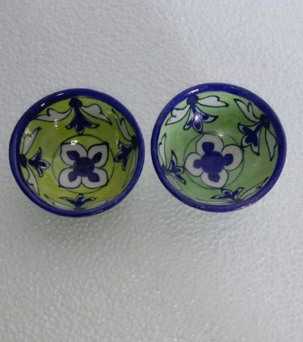 Handmade Ceramic Floral Bowl Set of 2 Blue with Green Color - ArtyCraftz.com