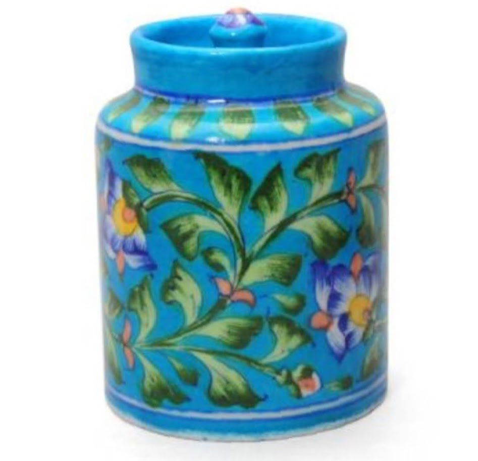 Handmade Ceramic Pickle Jar ceramic Jars Containers For Storage Barni for Dining Table Sky Blue with Multi Color 6 Inches - ArtyCraftz.com