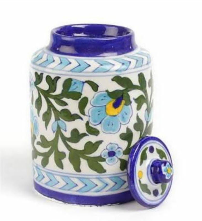 Handmade Ceramic Pickle Jar ceramic Jars Containers For Storage Barni for Dining Table White with Blue Color 6 Inches - ArtyCraftz.com