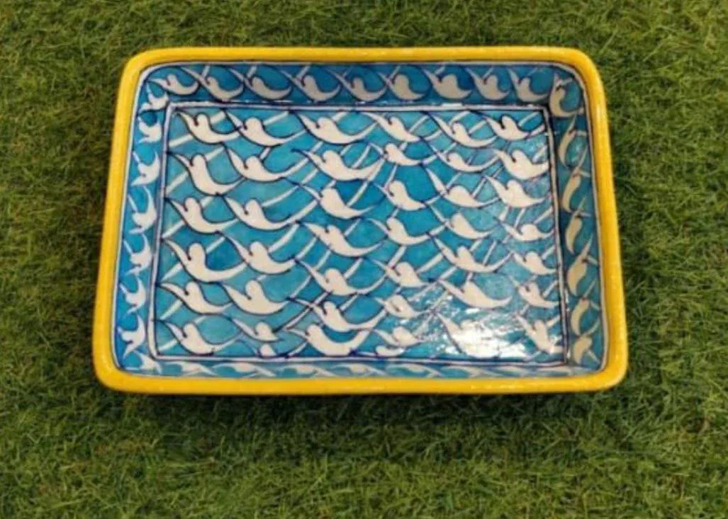 Handmade Ceramic Serving Tray for Home Decor and Gifting 10* 6 Inches Yellow with Sky Blue Color - ArtyCraftz.com