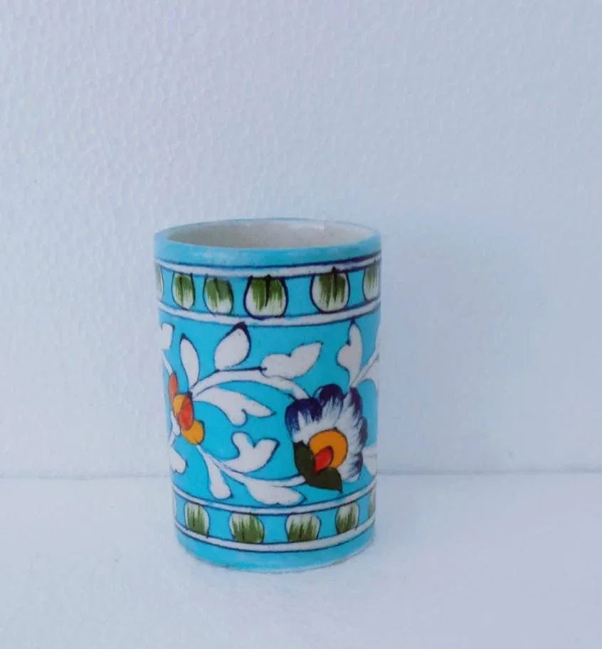 Handmade Ceramic Toothbrush and Toothpaste Holder Blue Color for Home Decor and Gifting Sky Blue Color - ArtyCraftz.com