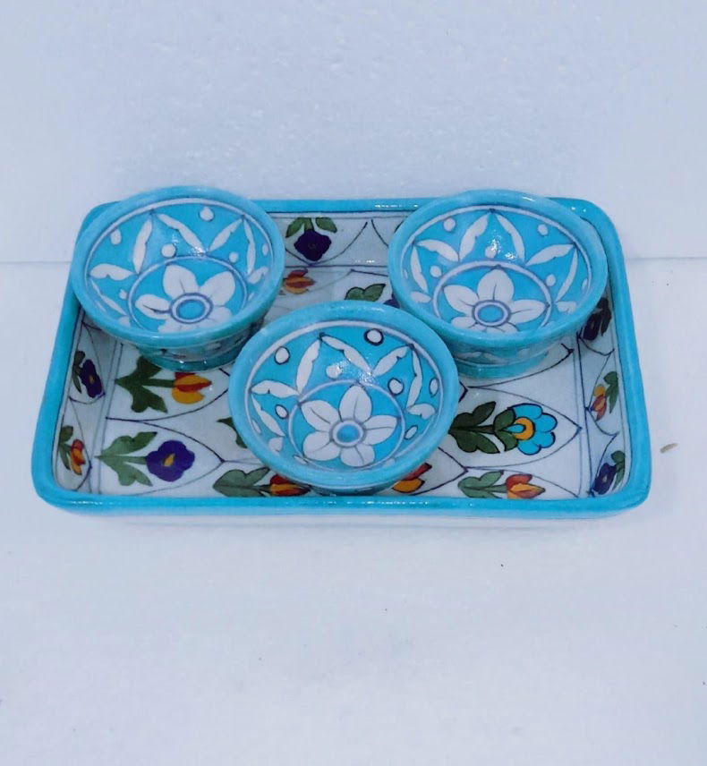 Handmade Ceramic Tray with 3 Bowl for Serving Foods Light Blue Color - ArtyCraftz.com