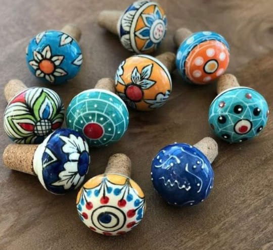 Handmade Ceramic Wood Wine Stopper,Bottle Stopper Cork to Keep The Wine Fresh Multi Color Set of 10 - ArtyCraftz.com