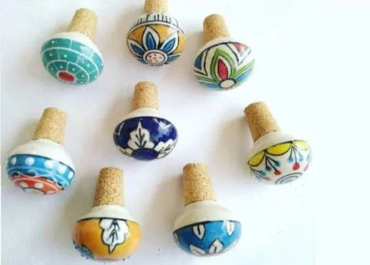 Handmade Ceramic Wood Wine Stopper,Bottle Stopper Cork to Keep The Wine Fresh Multi Color Set of 8 - ArtyCraftz.com