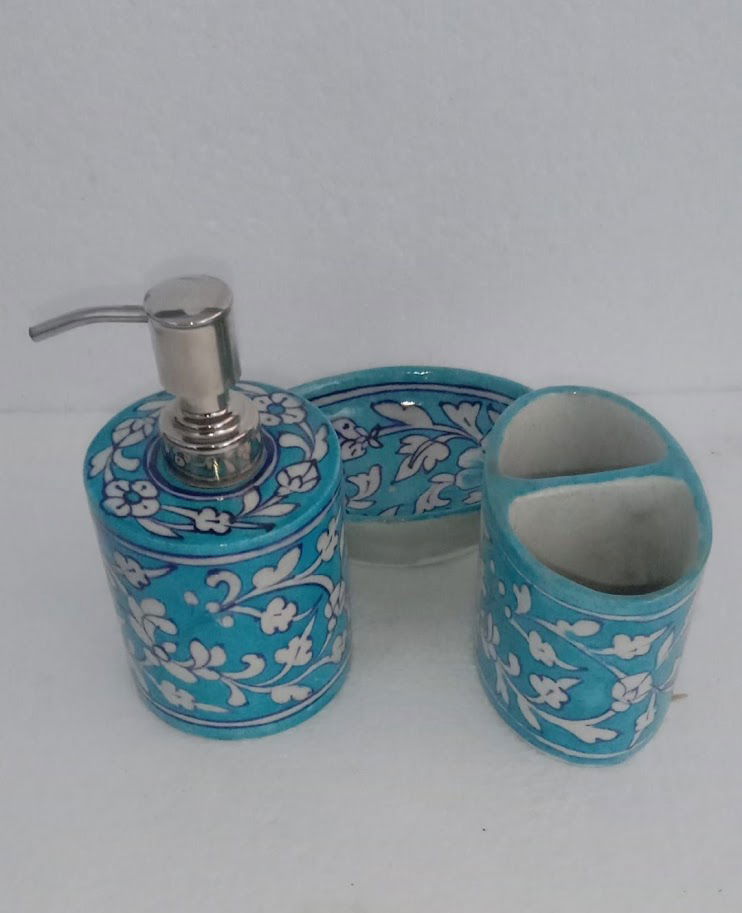 Handmade Ceramics Bathroom Accessories Set (Set of 3) Sky Blue Color - ArtyCraftz.com