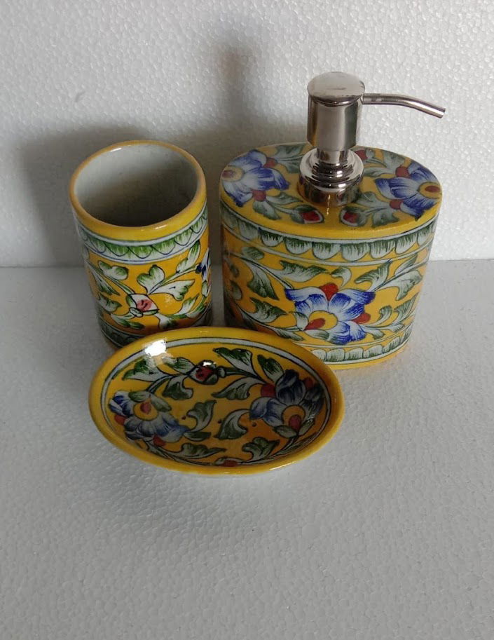 Handmade Ceramics Bathroom Accessories Set (Set of 3) Yellow Color - ArtyCraftz.com