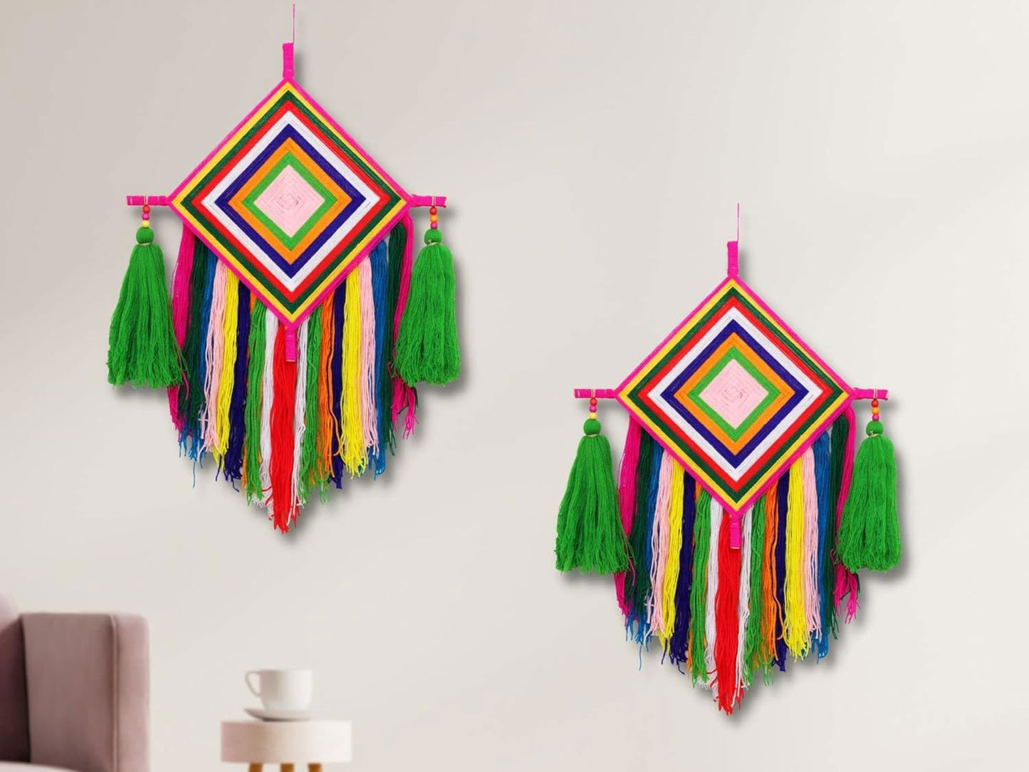Handmade Colorful Woolen Kite Tassel Hanging Pack of 2 Multi-Colour - ArtyCraftz.com