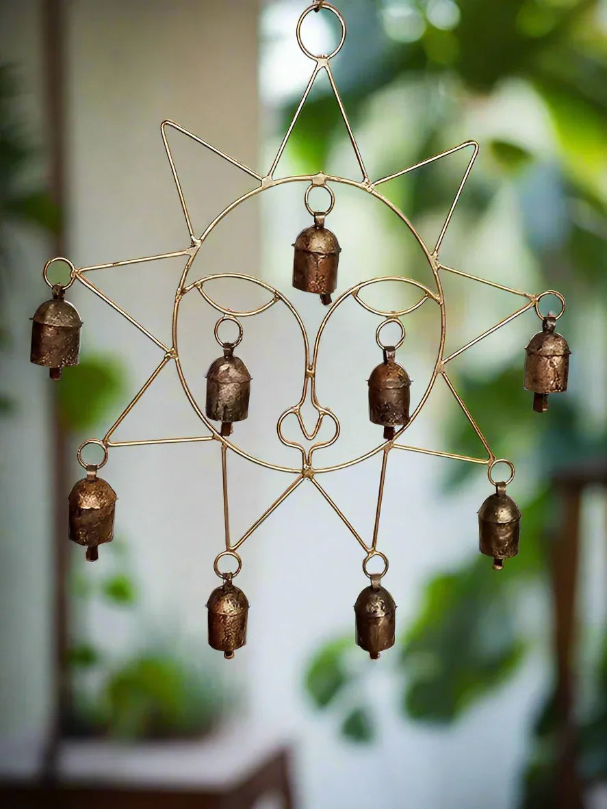 Handmade Copper Sun-Shaped Bells Wall Hanging