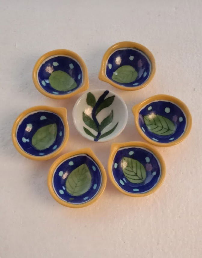 Handmade Decorative Diwali Diya Oil Lamps for Pooja 2*2 Inches Yellow with Blue Color - ArtyCraftz.com