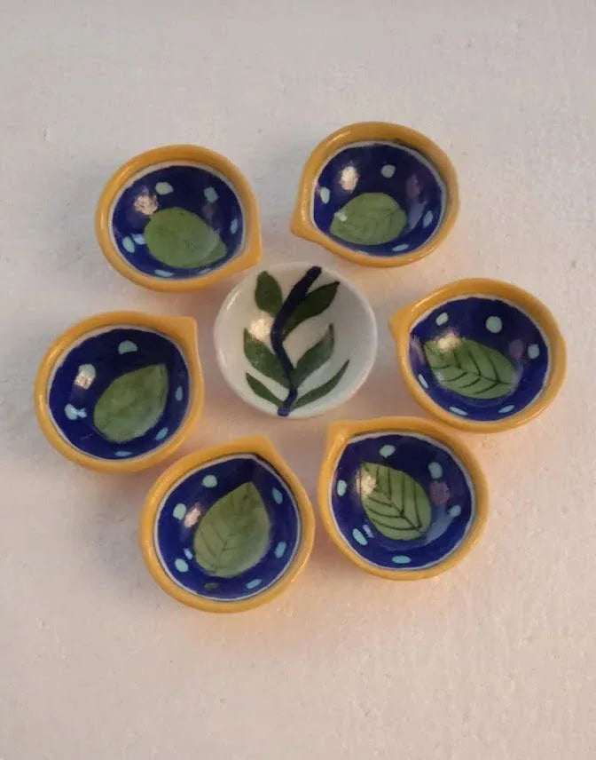 Handmade Decorative Diwali Diya Oil Lamps for Pooja 2*2 Inches Yellow with Blue Color - ArtyCraftz.com