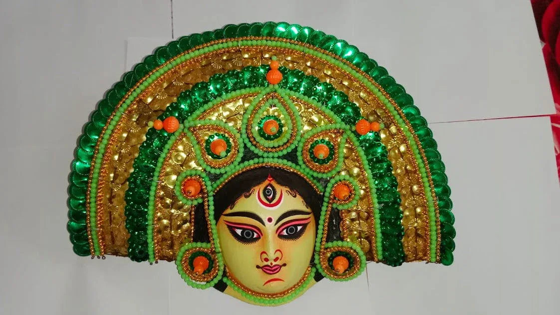 Handmade Goddess Durga Paper Mache Chhau Green Face Mask - ArtyCraftz.com