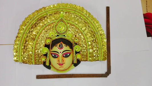 Handmade Goddess Durga Paper Mache Chhau Yellow Face Mask - ArtyCraftz.com