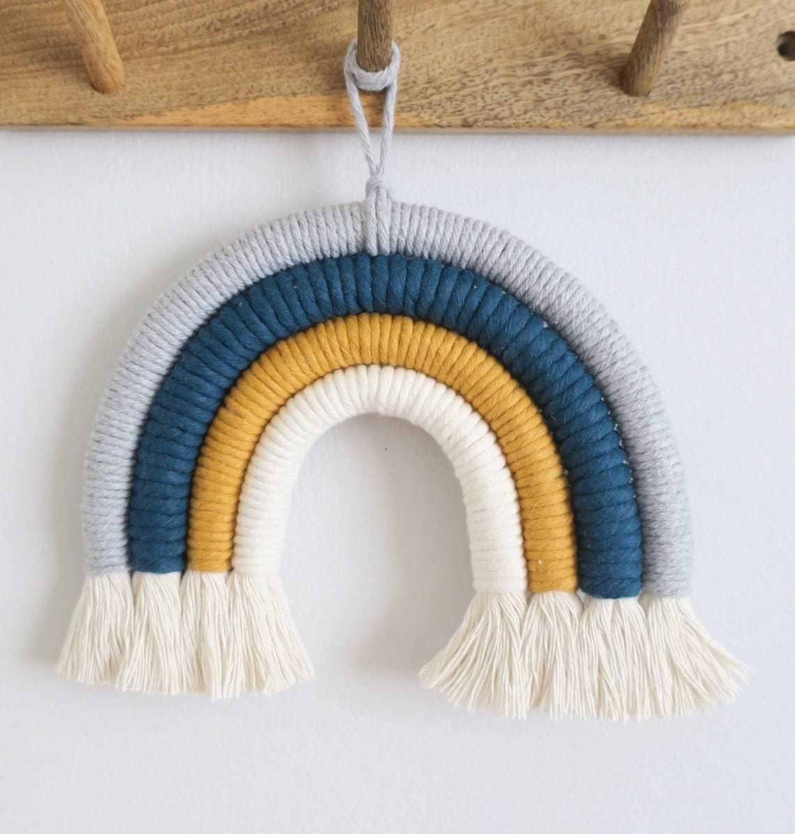 Handmade Grey, Blue & Mustard Macrame Rainbow Wall Hanging 7×7 Inch-ArtyCraftz.com