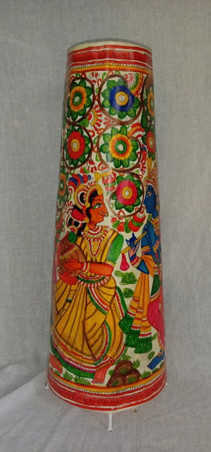 Handmade Hand Peacock Krishna and Radha Painted Leather Lamps Multi Colour 25 Inches - ArtyCraftz.com
