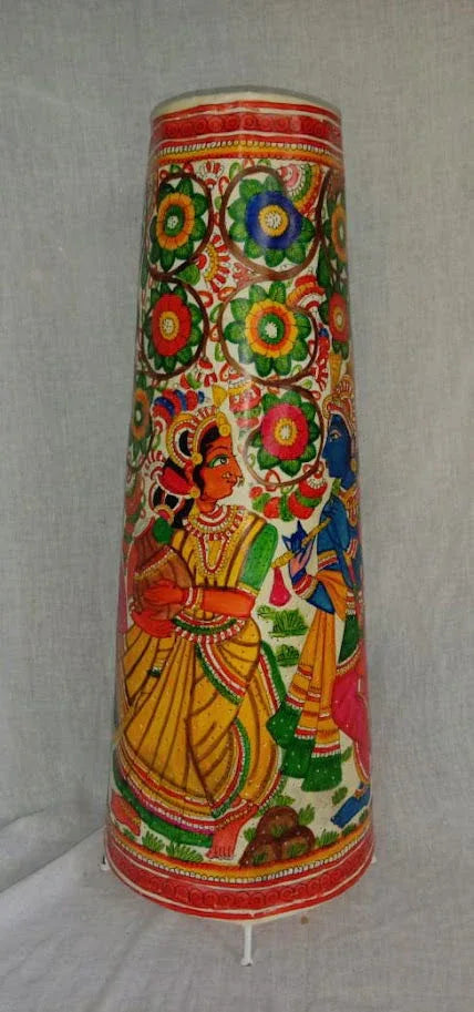 Handmade Hand Peacock Krishna and Radha Painted Leather Lamps Multi Colour 25 Inches - ArtyCraftz.com