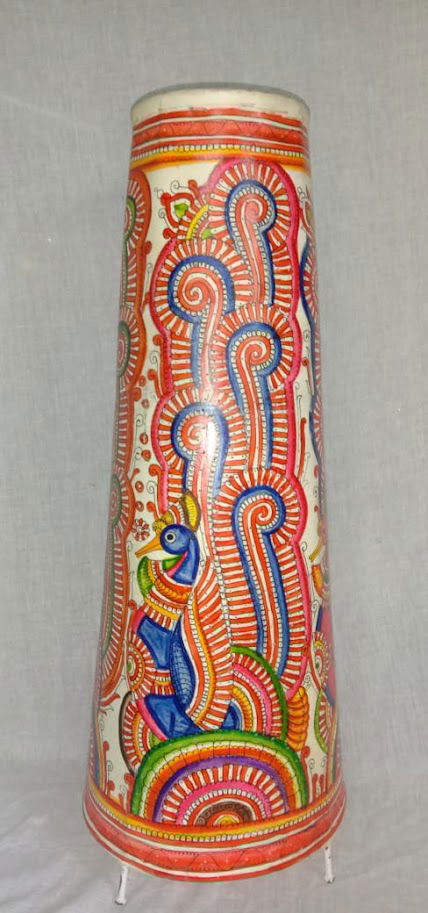 Handmade Hand Peacock with Flower Painted Leather Lamp Red with Blue Color 25 Inches - ArtyCraftz.com