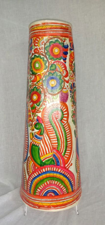 Handmade Hand Peacock with Flower Painted Leather Lamp Red with Green Color 25 Inches - ArtyCraftz.com