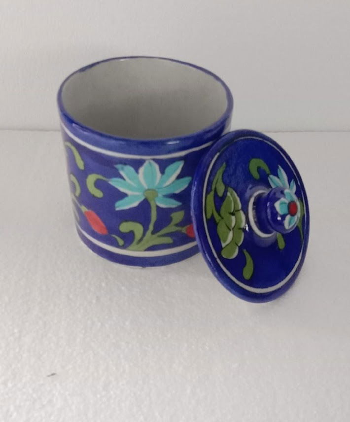 Handmade Handpainted Ceramic Airtight Jar for Coffee and Tea Powder 3 Inches Navy Blue with White Color - ArtyCraftz.com
