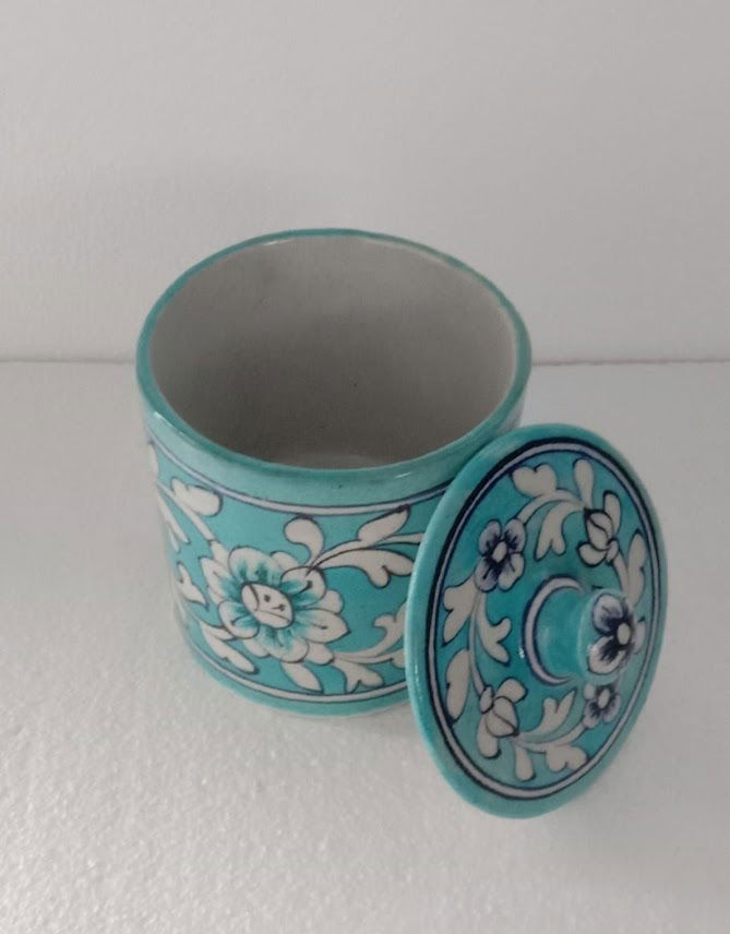 Handmade Handpainted Ceramic Airtight Jar for Coffee and Tea Powder 3 Inches Sky Blue Color - ArtyCraftz.com