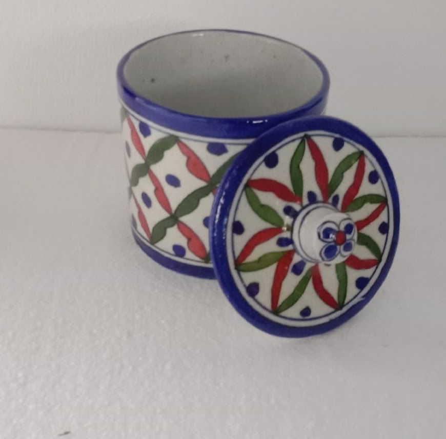Handmade Handpainted Ceramic Airtight Jar for Coffee and Tea Powder 3 Inches White with Blue Color - ArtyCraftz.com