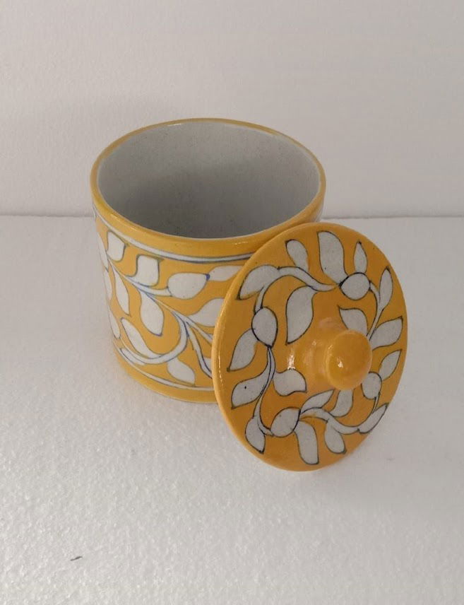 Handmade Handpainted Ceramic Airtight Jar for Coffee and Tea Powder 3 Inches Yellow Color - ArtyCraftz.com
