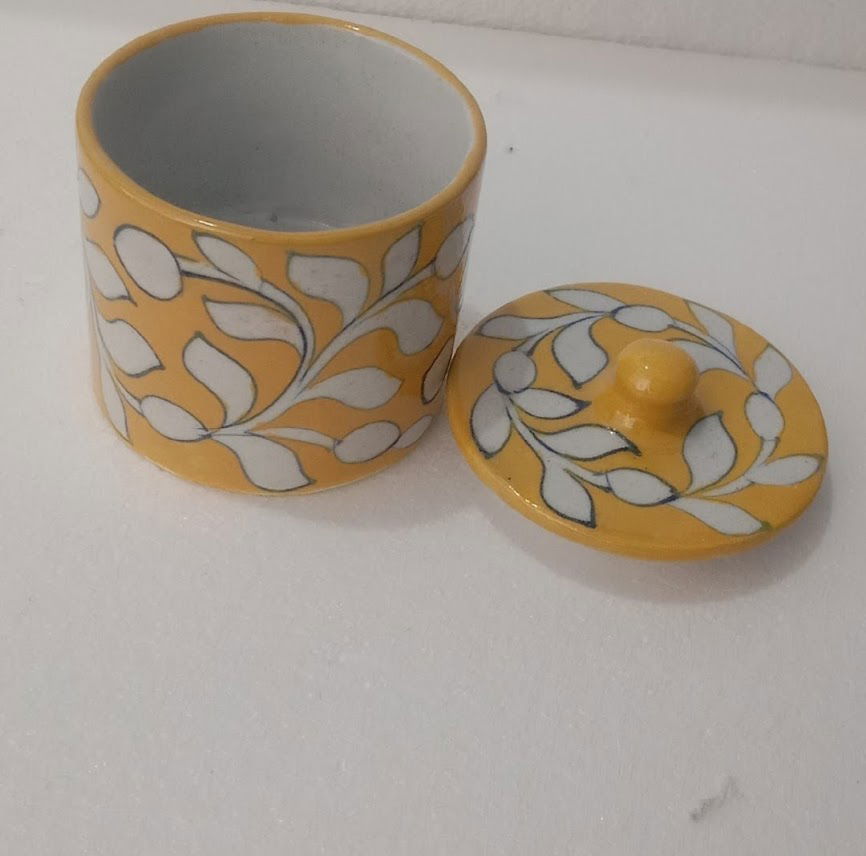 Handmade Handpainted Ceramic Airtight Jar for Coffee and Tea Powder 4 Inches Yellow Color - ArtyCraftz.com