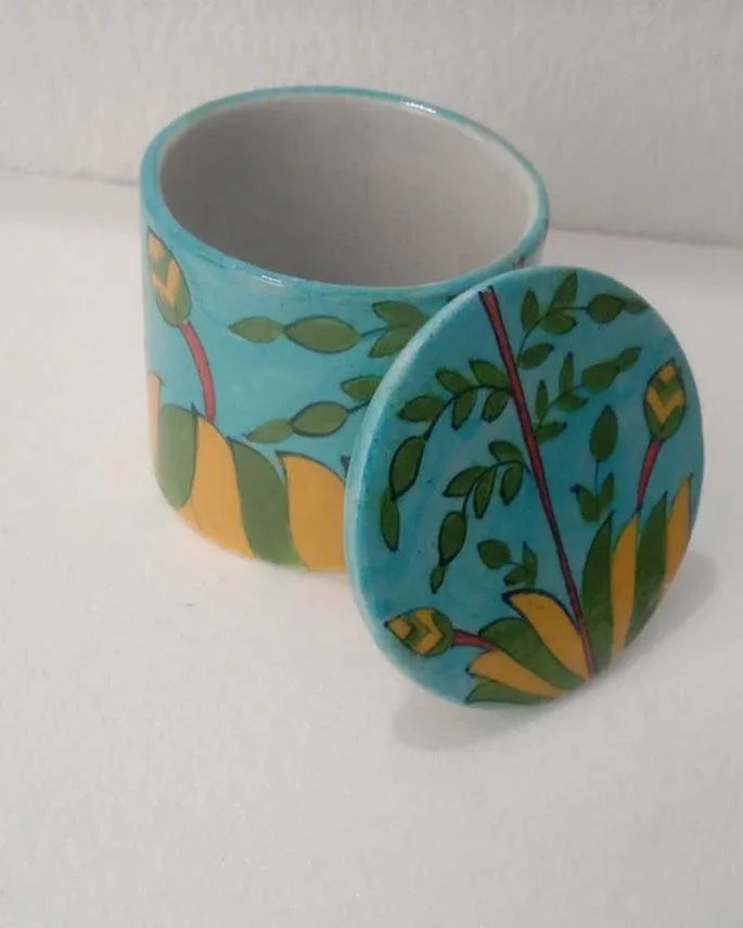Handmade Handpainted Ceramic Airtight Jar for Coffee and Tea Powder Sky Blue Color - ArtyCraftz.com