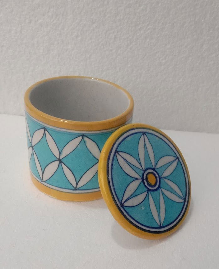 Handmade Handpainted Ceramic Airtight Jar for Coffee and Tea Powder Yellow Color - ArtyCraftz.com