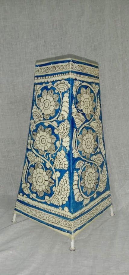 Handmade Leather Art Work Leather Flower Design Painted Lamp Shade Without Bulb Blue Color 12 Inches - ArtyCraftz.com