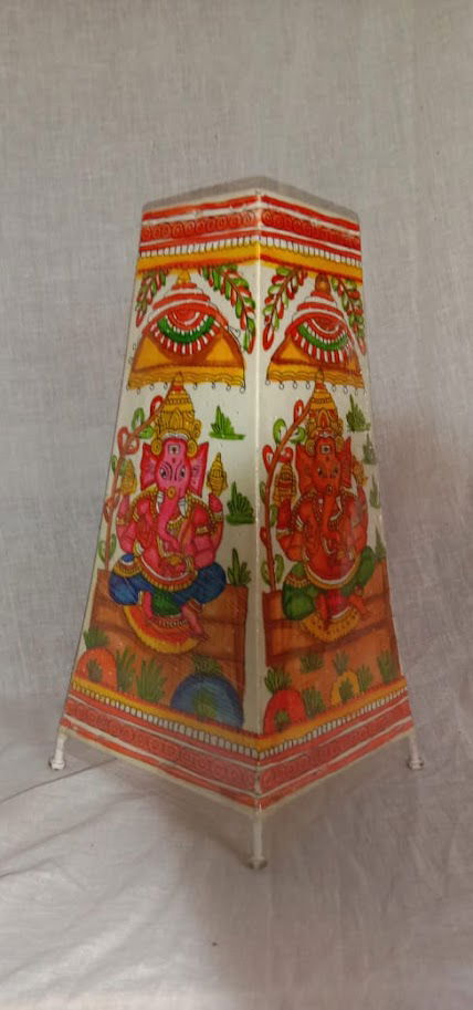 Handmade Leather Art Work Leather Ganesha Design Painted Lamp Shade Without Bulb Red with Multi Color 12 Inches - ArtyCraftz.com