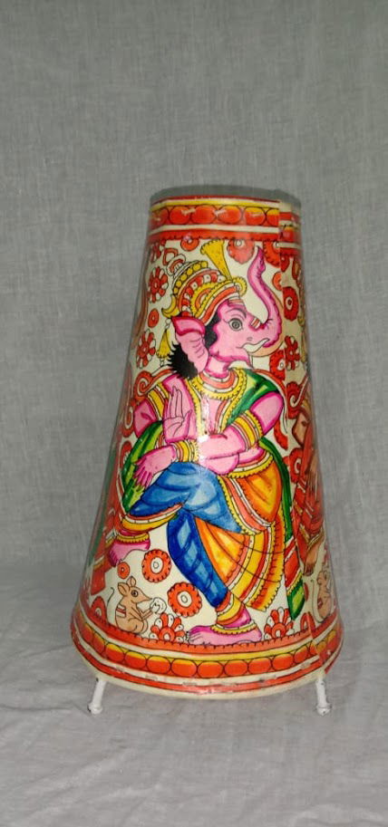 Handmade Leather Art Work Leather Ganesha Painted Lamp Shade Without Bulb 12 Inches Red with Blue Color - ArtyCraftz.com