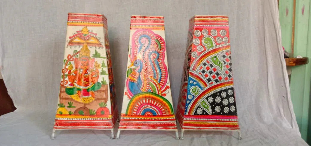 Handmade Leather Art Work Leather Painted Lamp Shade Without Bulb Red with Multi Color 12 Inches Set of 3 - ArtyCraftz.com