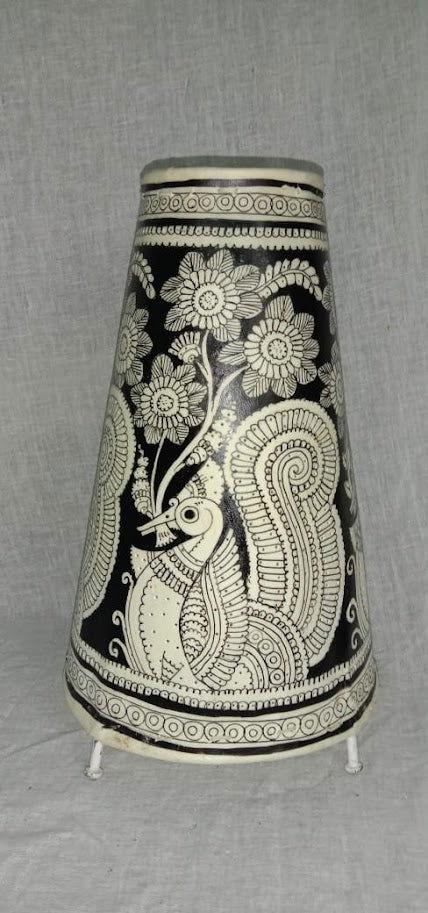 Handmade Leather Art Work Leather Peacock Painted Lamp Shade Without Bulb 12 Inches Black with White Color - ArtyCraftz.com