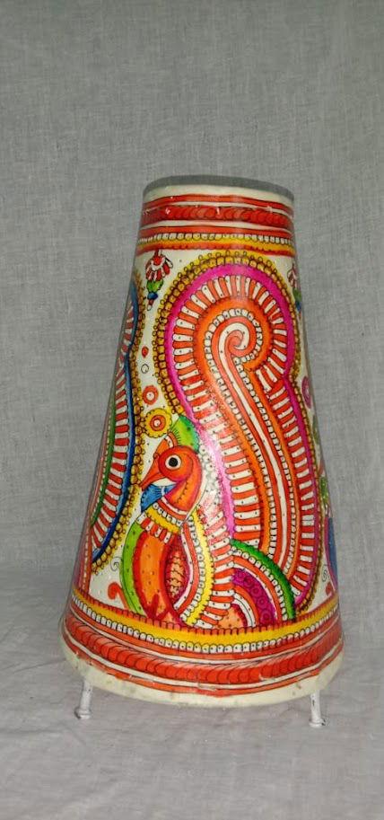 Handmade Leather Art Work Leather Peacock Painted Lamp Shade Without Bulb 12 Inches Red with Multi Color - ArtyCraftz.com