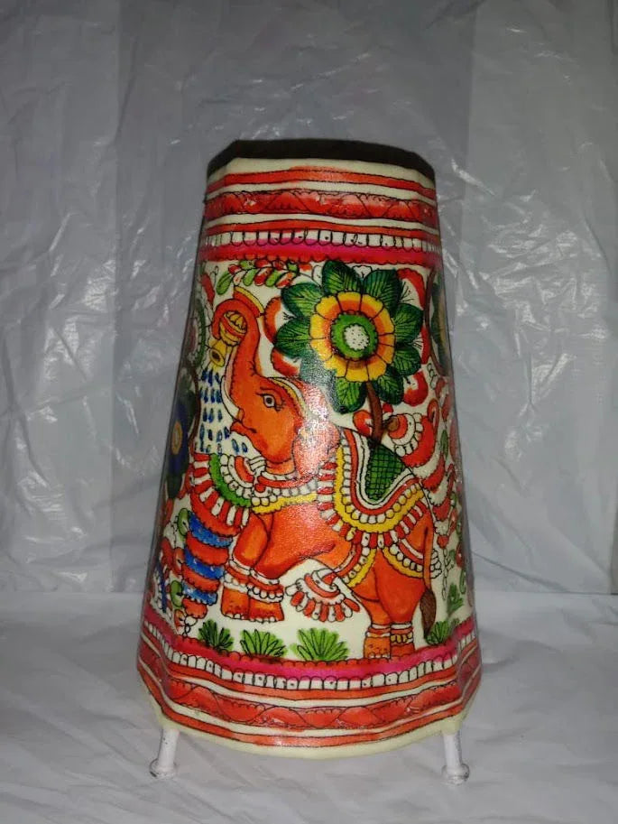 Handmade Leather Lamp Shade Elephant Design Painting 8 Inches Red with Multi Color - ArtyCraftz.com