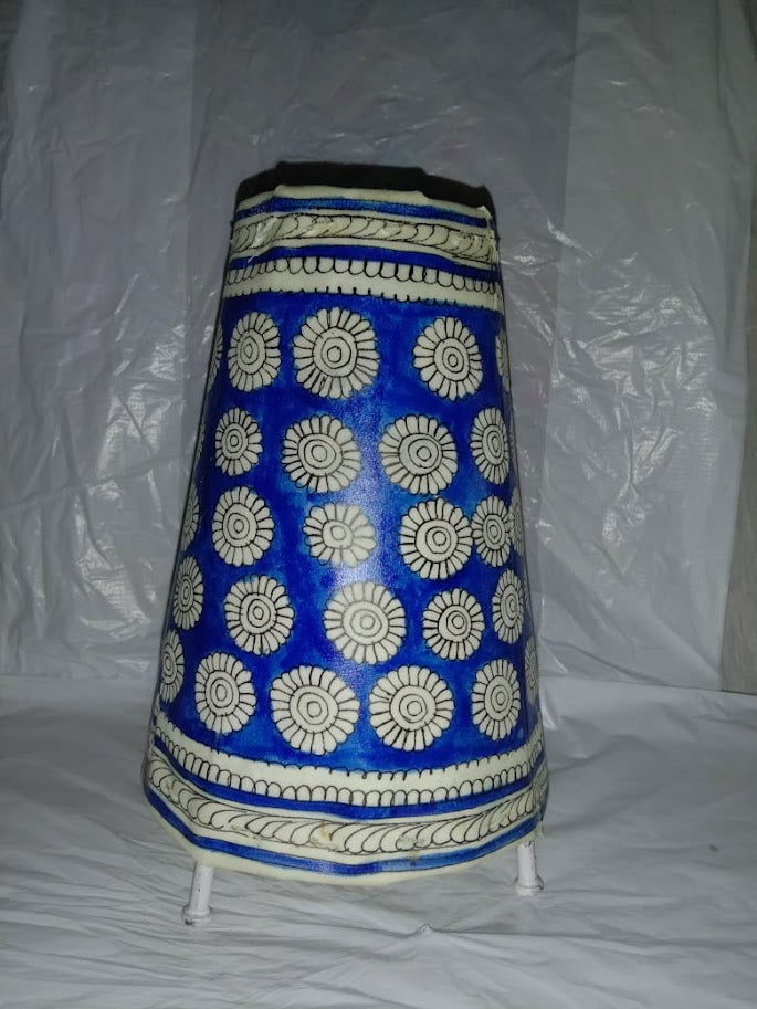 Handmade Leather Lamp Shade Leaf Design Painting 8 Inches Blue Color - ArtyCraftz.com