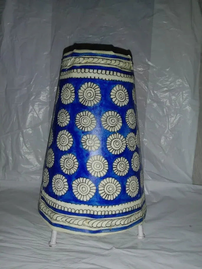 Handmade Leather Lamp Shade Leaf Design Painting 8 Inches Blue Color - ArtyCraftz.com