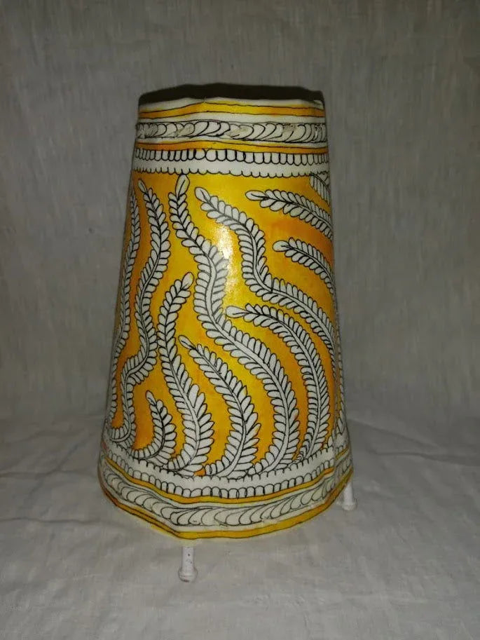 Handmade Leather Lamp Shade Leaf Design Painting 8 Inches Yellow Color - ArtyCraftz.com
