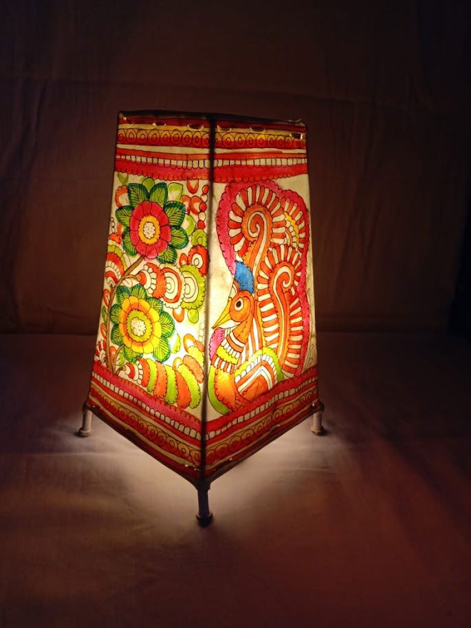 Handmade Leather Lamp Shade Multi Color Peacock Design Painting 8 Inches - ArtyCraftz.com