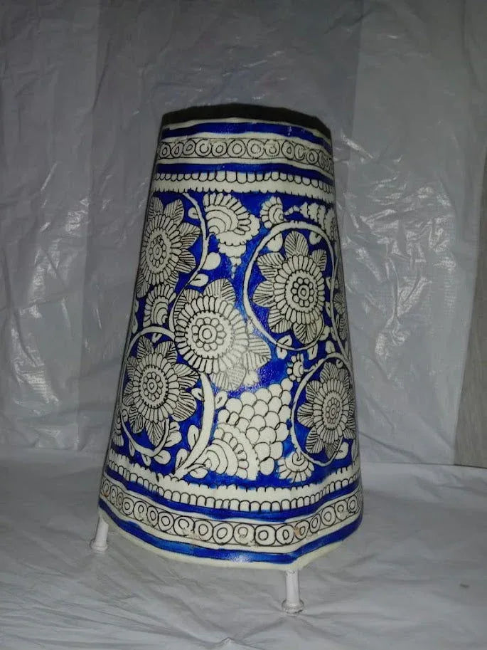 Handmade Leather Lamp Shade Painting 8 Inches Blue with White Color - ArtyCraftz.com
