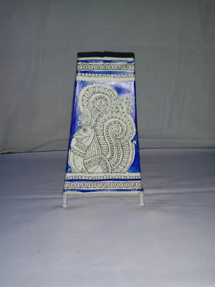 Handmade Leather Lamp Shade Peacock Design Painting Blue with White Color 8 Inches - ArtyCraftz.com
